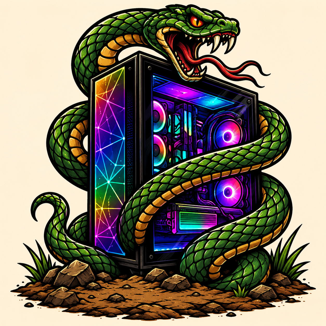 gamingpython mascot — a python coiled around a gaming PC